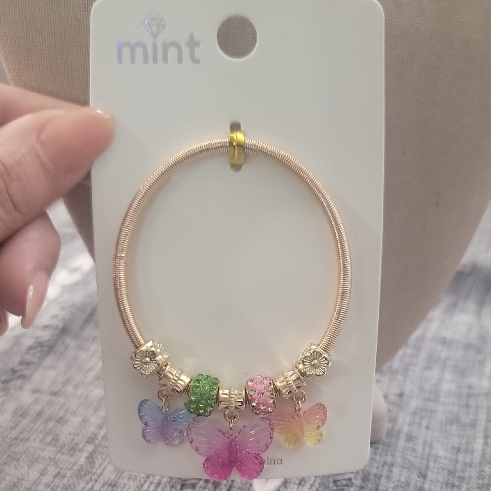 Cottagecore Style Mint Gold Tone Bracelet with Colorful Butterfly Charms